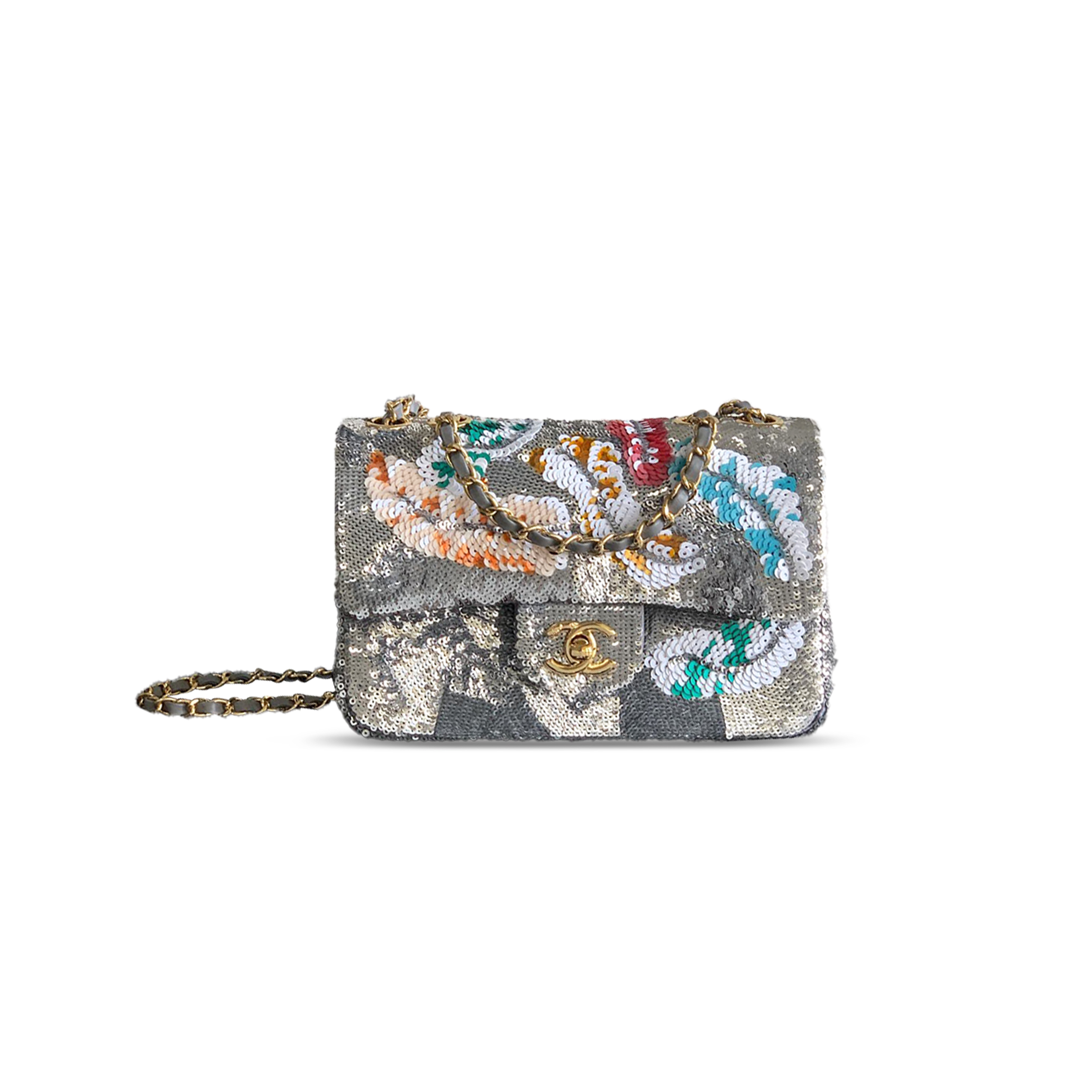 Ch*el mini classic 11.12 handbag embroidered satin, sequins, glass pearls 356014 (20*13*7cm)